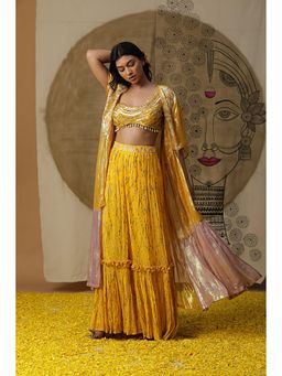 "Two Sisters" by Gyans - Mustard Lehenga Set with Cape