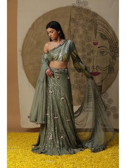 "Two Sisters" by Gyans - Green Georgette Embroidered Skirt with Blouse and Dupatta