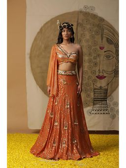 "Two Sisters" by Gyans - Orange Embroidered Skirt with Blouse and Dupatta
