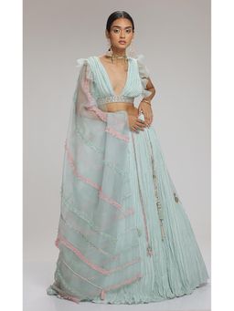 CHHAYA MEHROTRA - Azure Crinkled Crop Top with Lehenga and Dupatta