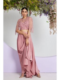 "Two Sisters" by Gyans - Pink Silk Embroidered Sleeveless Skirt with Top and Cape