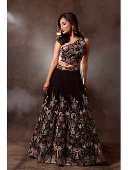 "Two Sisters" by Gyans - Black Silk Floral Sleeveless Top and Skirt