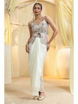 "Two Sisters" by Gyans - White Satin Floral Sleeveless Skirt and Top