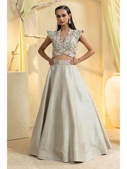 "Two Sisters" by Gyans - Off White Silk Floral Cap Lehenga and Blouse