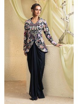 "Two Sisters" by Gyans - Black Satin Floral Full Sleeves Jacket and Skirt