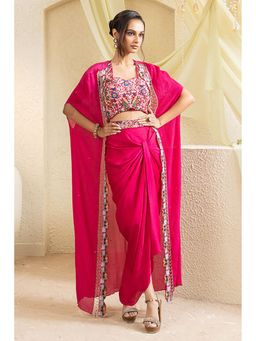 "Two Sisters" by Gyans - Pink Chiffon Embroidered Cape Lehenga with Top and Cape