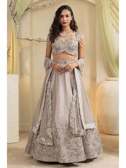 "Two Sisters" by Gyans - Grey Silk Embroidered Cap Lehenga with Blouse and Dupatta