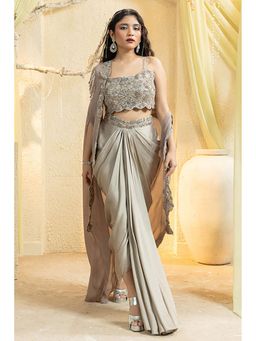 "Two Sisters" by Gyans - Beige Chiffon Embroidered Cape Lehenga with Blouse and Cape