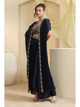 "Two Sisters" by Gyans - Black Cotton Blend Embroidered Sleeveless Skirt with Bustier and Cape