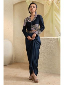 "Two Sisters" by Gyans - Black Satin Embroidered Full Sleeves Jacket and Skirt