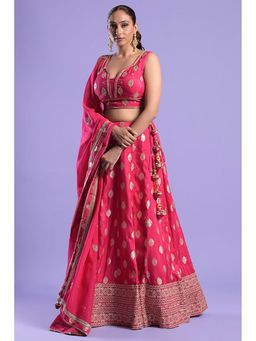 "Two Sisters" by Gyans - Fuchsia Pink Banarasi Zari Lehenga Set