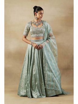 "Two Sisters" by Gyans - Green Tissue Embroidered Lehenga Set with Organza Dupatta