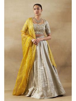 "Two Sisters" by Gyans - Silver Tissue Embroidered Half Sleeves Lehenga with Blouse and Dupatta