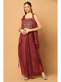"Two Sisters" by Gyans - Maroon Chiffon Embroidered Sleeveless Skirt with Bustier and Cape