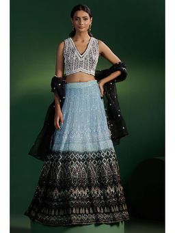 "Two Sisters" by Gyans - Black and Blue Ombre Georgette Lehenga Set and Net Dupatta