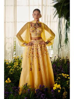 "Two Sisters" by Gyans - Yellow Hand Embroidered Lehenga Set with Corset Blouse, and Dupatta