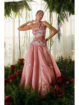 "Two Sisters" by Gyans - Pink Organza Embroidered Sleeveless Lehenga and Blouse