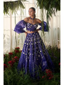 "Two Sisters" by Gyans - Blue Organza Floral Puff Sleeves Lehenga and Blouse