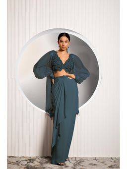 "Two Sisters" by Gyans - Teal Organza Floral Balloon Sleeves Skirt with Blouse and Shrug