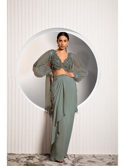 "Two Sisters" by Gyans - Green Crepe Floral Balloon Sleeves Skirt with Blouse and Cape