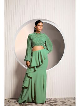 "Two Sisters" by Gyans - Green Chiffon Embroidered Balloon Sleeves Skirt and Blouse
