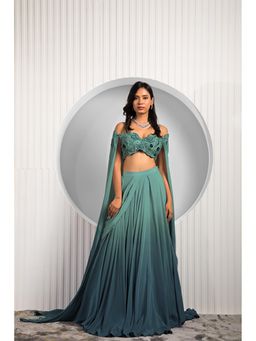 "Two Sisters" by Gyans - Teal Georgette Embroidered Sleeveless Lehenga with Cape Blouse