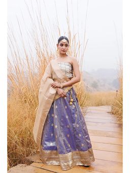 Geroo Jaipur - Serene Blue and Beige Tissue Lehenga
