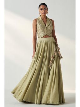 "Two Sisters" by Gyans - Green Banarasi Embroidered Sleeveless Top and Skirt