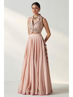 "Two Sisters" by Gyans - Pink Organza Embroidered Sleeveless Lehenga and Jacket