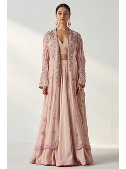 "Two Sisters" by Gyans - Embroidered Pink Cape Skirt Set with Zari and Sequin Detailing