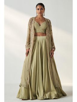 "Two Sisters" by Gyans - Green Banarasi Georgette and Chander Embroidered Cape Lehenga Set