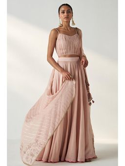 "Two Sisters" by Gyans - Pink Banarasi Chander and Georgette Embroidered Lehenga Set