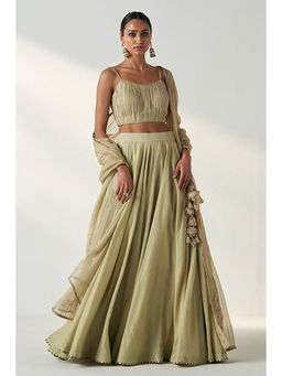 "Two Sisters" by Gyans - Green Banarasi Embroidered Sleeveless Lehenga with Blouse and Dupatta