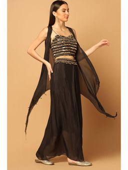 "Two Sisters" by Gyans - Black Chiffon Embroidered Sleeveless Skirt With Bustier And Cape