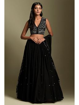 "Two Sisters" by Gyans - Black Georgette Embroidered Sleeveless Lehenga With Blouse And Dupatta