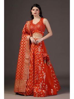 "Two Sisters" by Gyans - Burnt Orange Sequins Embroidered Banarasi Silk Lehenga Sets 0F 3