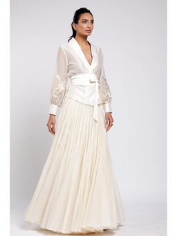"Two Sisters" by Gyans - White Chander Embroidered Full Sleeves Skirt With Top And Belt