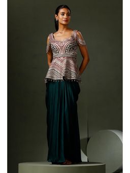 "Two Sisters" by Gyans - Green Silk Embroidered Sleeveless Top And Skirt