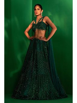 "Two Sisters" by Gyans - Green Organza Embroidered Sleeveless Lehenga With Blouse And Dupatta