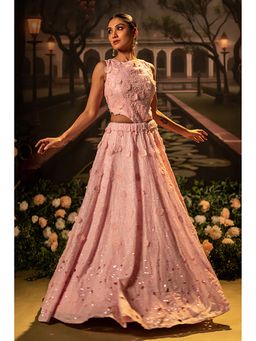 "Two Sisters" by Gyans - Rose Bloom 3D Floral Embellished Lehenga Set