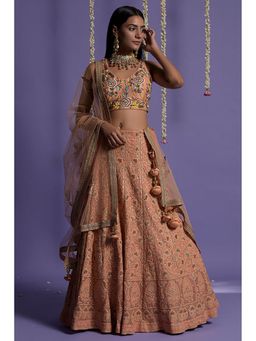 "Two Sisters" by Gyans - Peach Georgette Embroidered Sleeveless Lehenga With Blouse And Dupatta