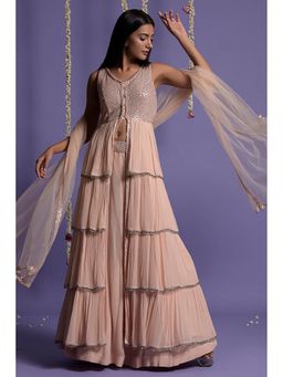 "Two Sisters" by Gyans - Pink Georgette Embroidered Sleeveless Lehenga With Kurta And Dupatta