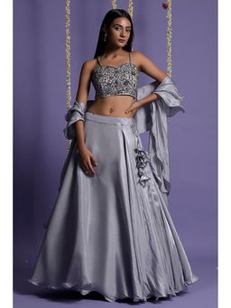 "Two Sisters" by Gyans - Grey Satin Embroidered Sleeveless Lehenga With Blouse And Dupatta