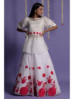 "Two Sisters" by Gyans - White Organza Floral Puff Sleeves Lehenga With Belt, Bustier And Top