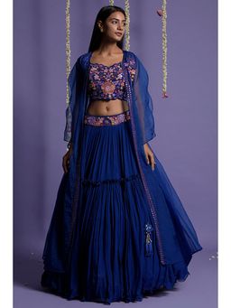 "Two Sisters" by Gyans - Blue Georgette Floral Sleeveless Lehenga With Top And Cape