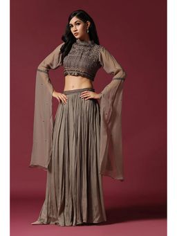 "Two Sisters" by Gyans - Grey Chiffon Embroidered Full Sleeves Top And Skirt