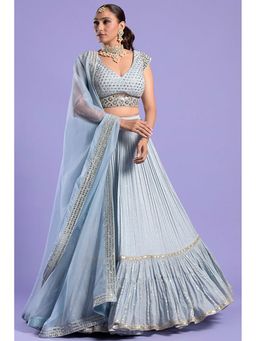 "Two Sisters" by Gyans - Ice Blue And Silver Patra Lehenga Set