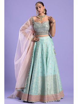 "Two Sisters" by Gyans - Turquoise Embellished Banarasi Lehenga Set