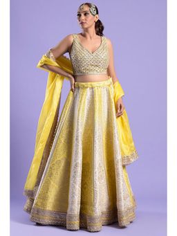 "Two Sisters" by Gyans - Yellow Silk Embroidered Sleeveless Lehenga With Blouse And Dupatta