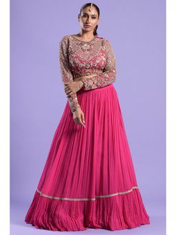 "Two Sisters" by Gyans - Fuchsia Pink Embellished Georgette Lehenga Set